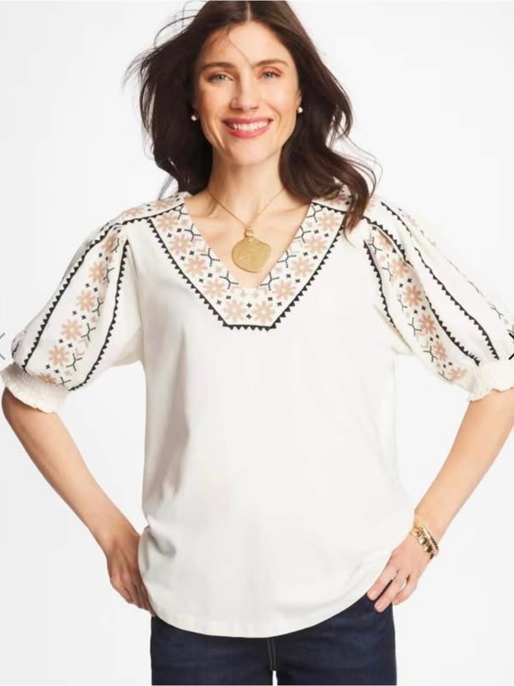 CHICOS EMBROIDERED SMOCK SLEEVE TOP CHICOS 1 MISSES 8 NWT!